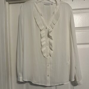 Susan Graver Ivory Button Up Shirt Top Size 12 Ruffles Long Sleeves